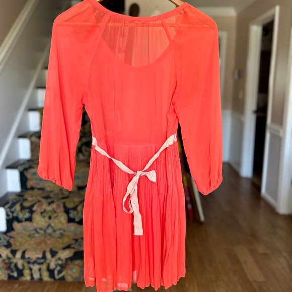 Free People Red Orange Sheer Chiffon Dress Lace Trim Ribbon Belt Womens Size 0 - Picture 3 of 16